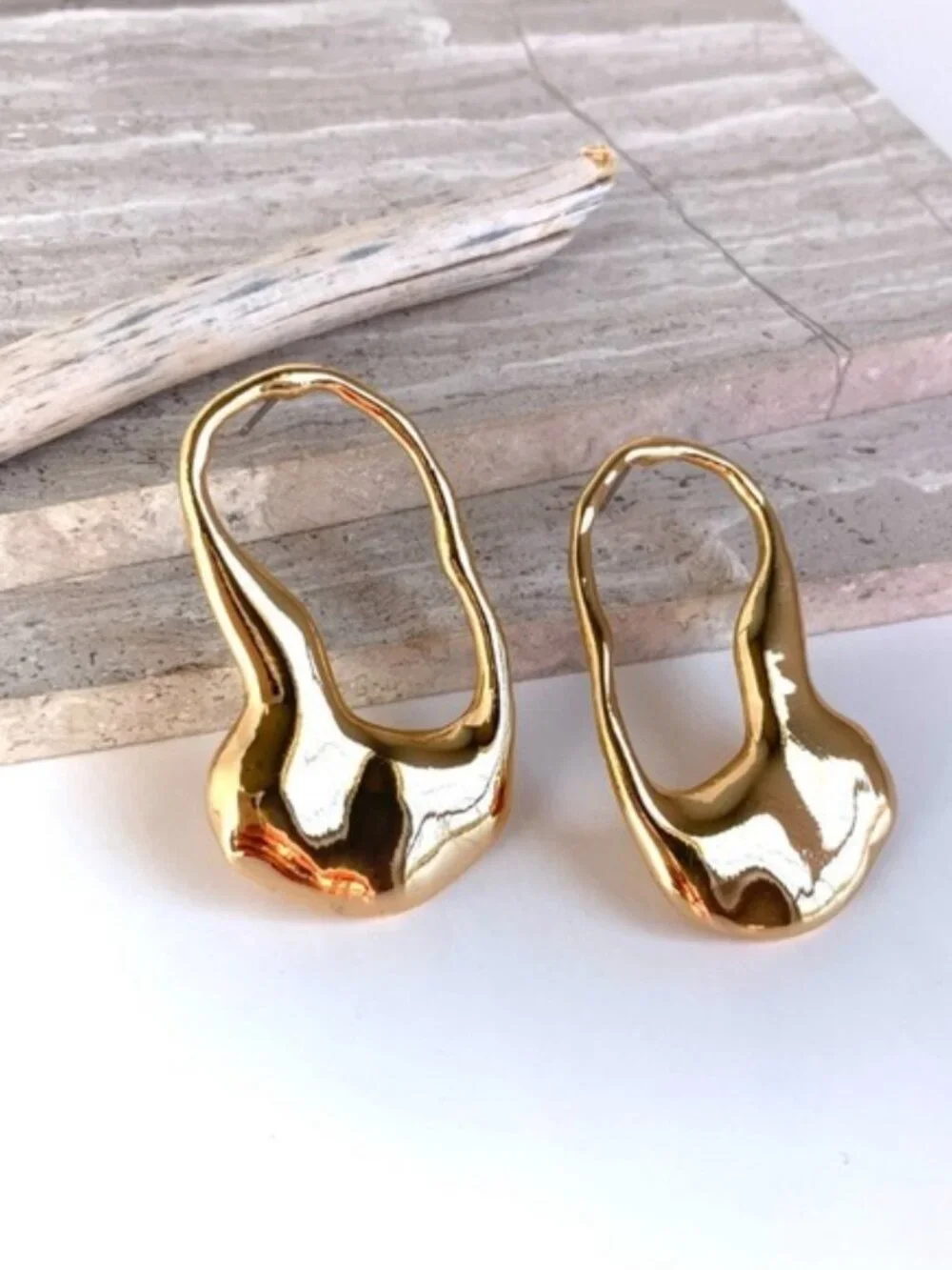 Women's 18K Gold Plated Molten Lava Hoop Earrings Organic Textured Chunky
